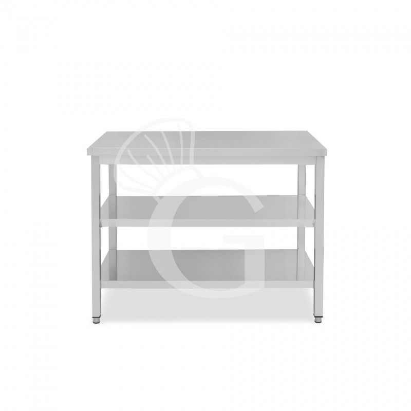 Mesa de trabajo de acero inoxidable con 2 estantes, L 1100 mm x P 800 mm x A 865 mm
