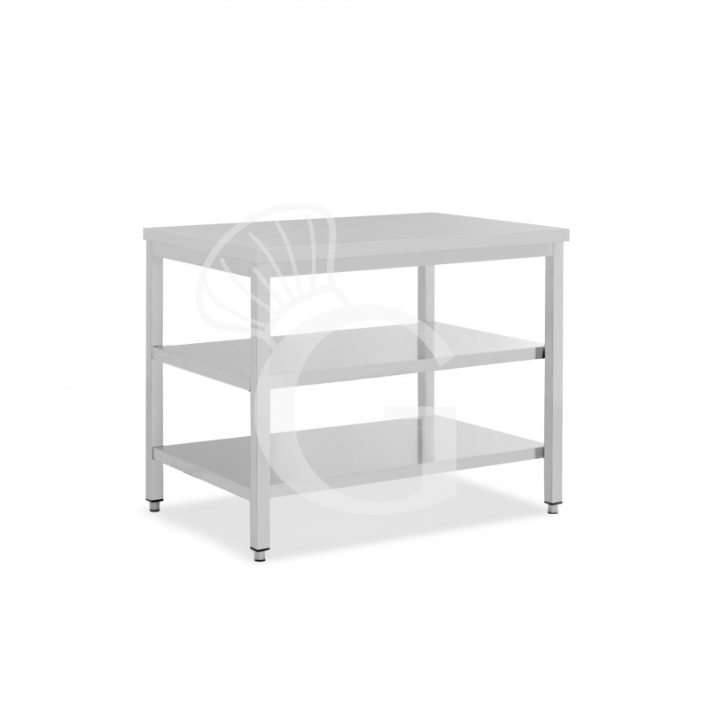 Mesa de trabajo de acero inoxidable con 2 estantes, L 1100 mm x P 800 mm x A 865 mm
