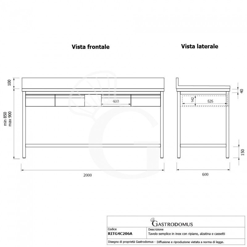 Mesa de acero inoxidable con estante peto 4 cajones L 2000 mm x P 600 mm x A 950 mm