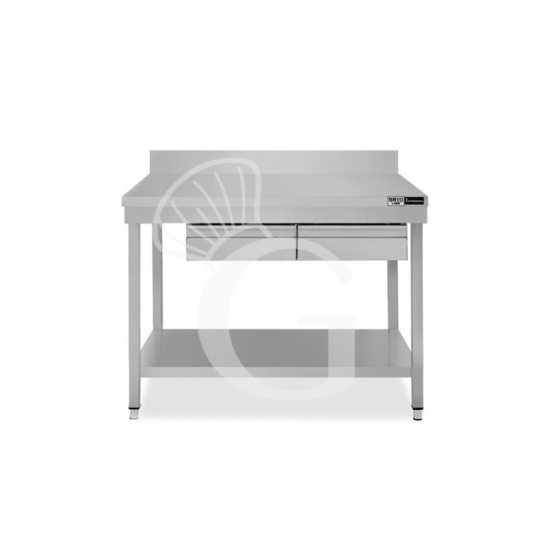 Mesa de trabajo de acero inoxidable con estante, peto trasero, 2 cajones L 1000 mm x P 700 mm x A 965 mm