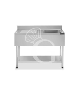 Fregadero inox 1 cubeta y escurridor a la izquierda, estante y peto L 1100 mm x P 600 mm x A 950 mm