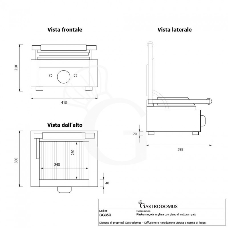 Sandwichera profesional ranurada de hierro fundido - L 410 mm x P 380 mm x A 210/520 mm