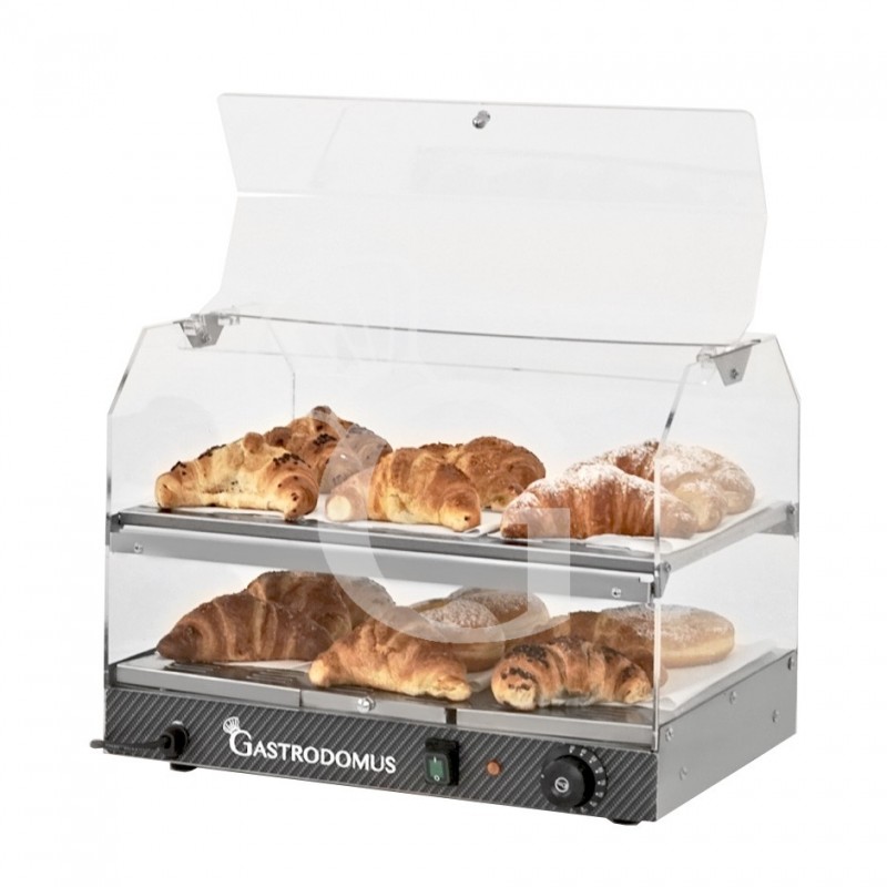 Vitrina caliente de acero inoxidable y plexiglás 2 estantes +30°C/+90°C L 510 mm x P 350 mm x A 385 mm.