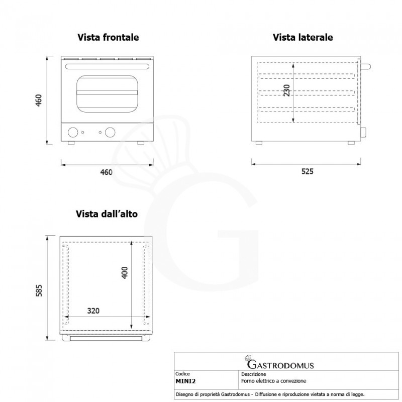 Horno eléctrico de convección, puerta abatible, controles mecánicos, 3 rejillas, potencia 2,6 kw