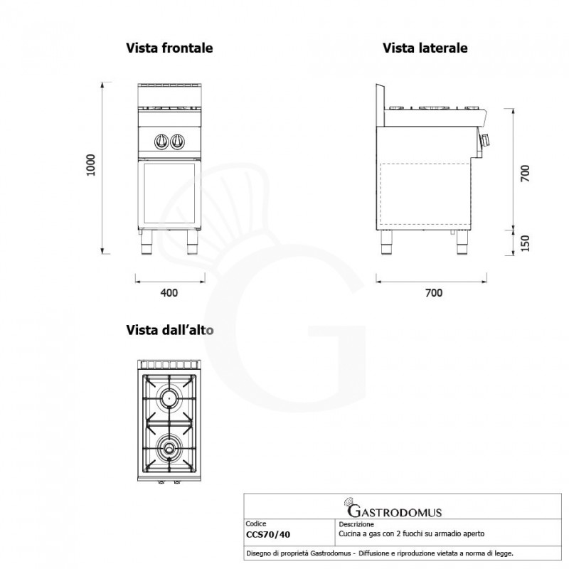 Cocina profesional de gas de 2 fuegos con mueble abierto de 700 mm de profundidad