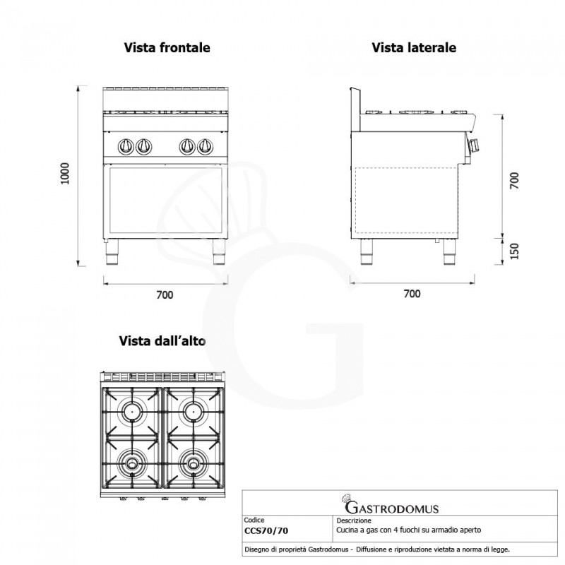 Cocina de gas profesional 4 fuegos con mueble abierto profundidad 700 mm