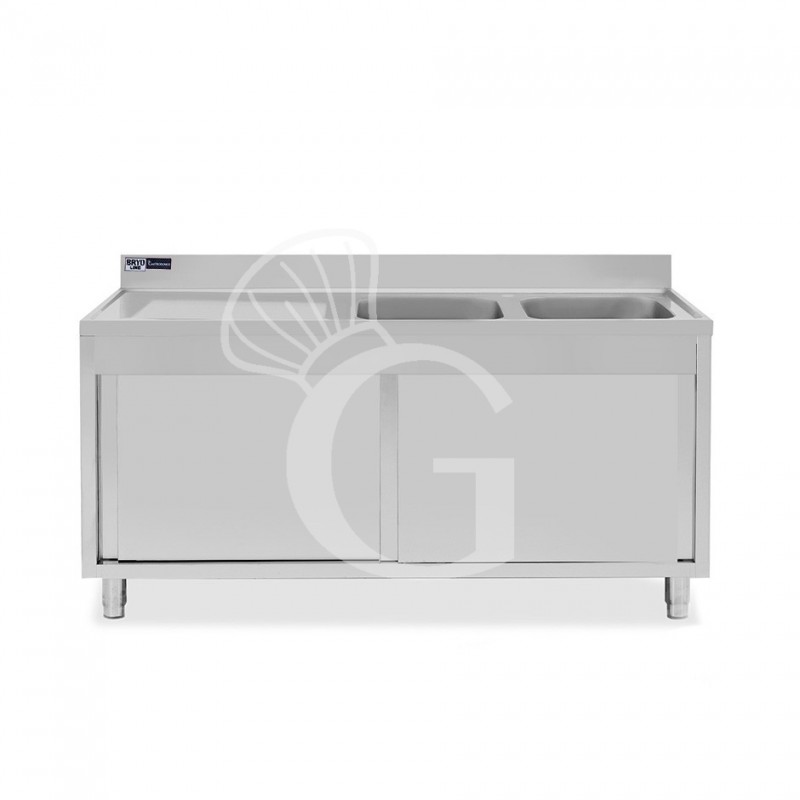 Fregadero con mueble de acero inox, 2 puertas, 2 cubetas, escurridor a la izquierda L1800xP600xA965-agujero para el grifo Ø32mm
