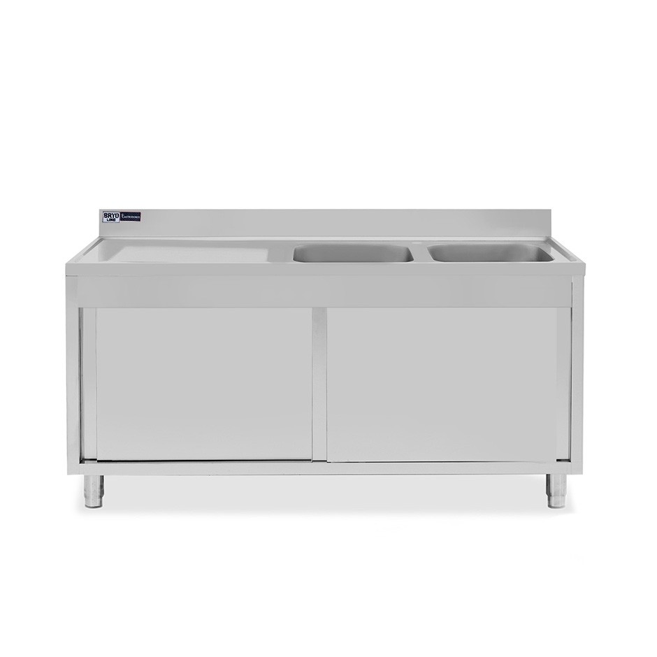 Fregadero con mueble de acero inox, 2 puertas, 2 cubetas, escurridor a la izquierda L1800xP600xA965-agujero para el grifo Ø32mm