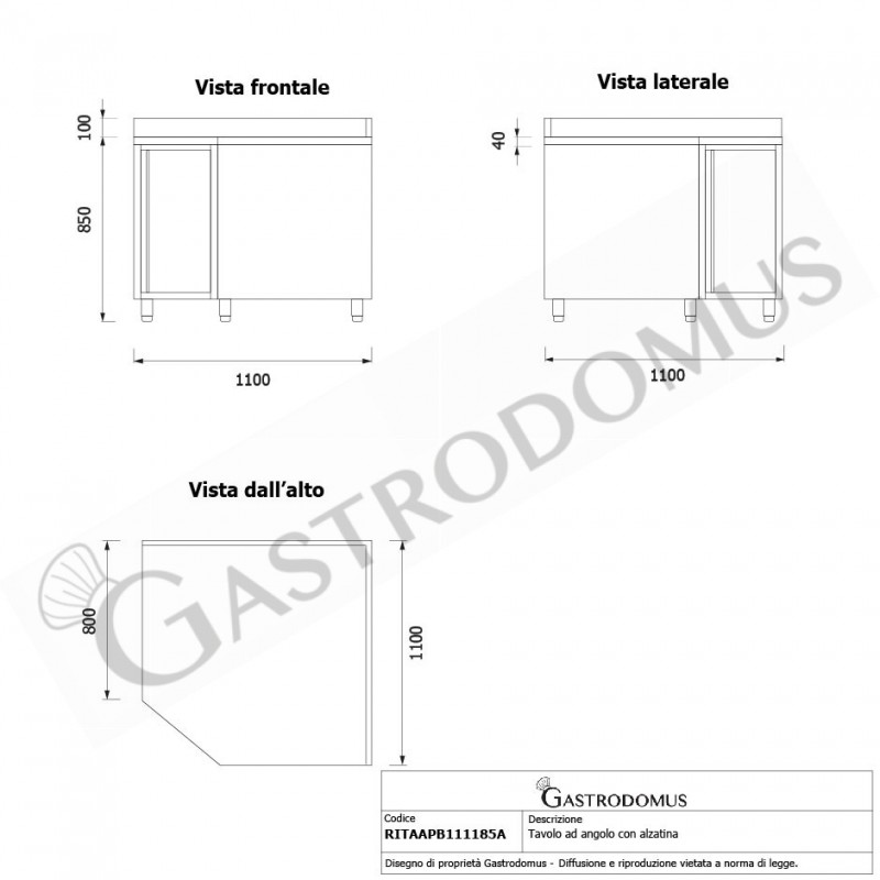 Mesa mural rinconera de acero inoxidable con 1 puerta batiente, peto trasero y profundidad de 800 mm