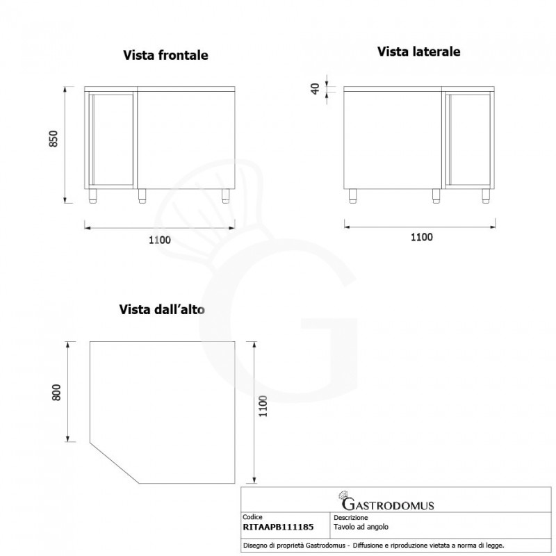 Mesa mural rinconera de acero inoxidable con 1 puerta batiente y profundidad de 800 mm