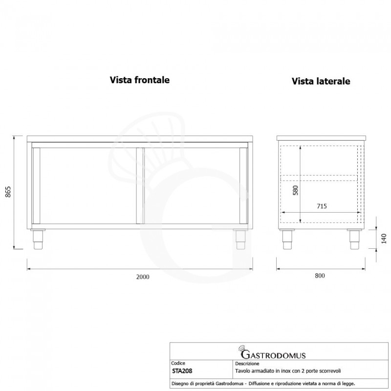 Mesa mural de acero inoxidable 2 puertas correderas L 2000 mm x P 800 mm x A 850 mm