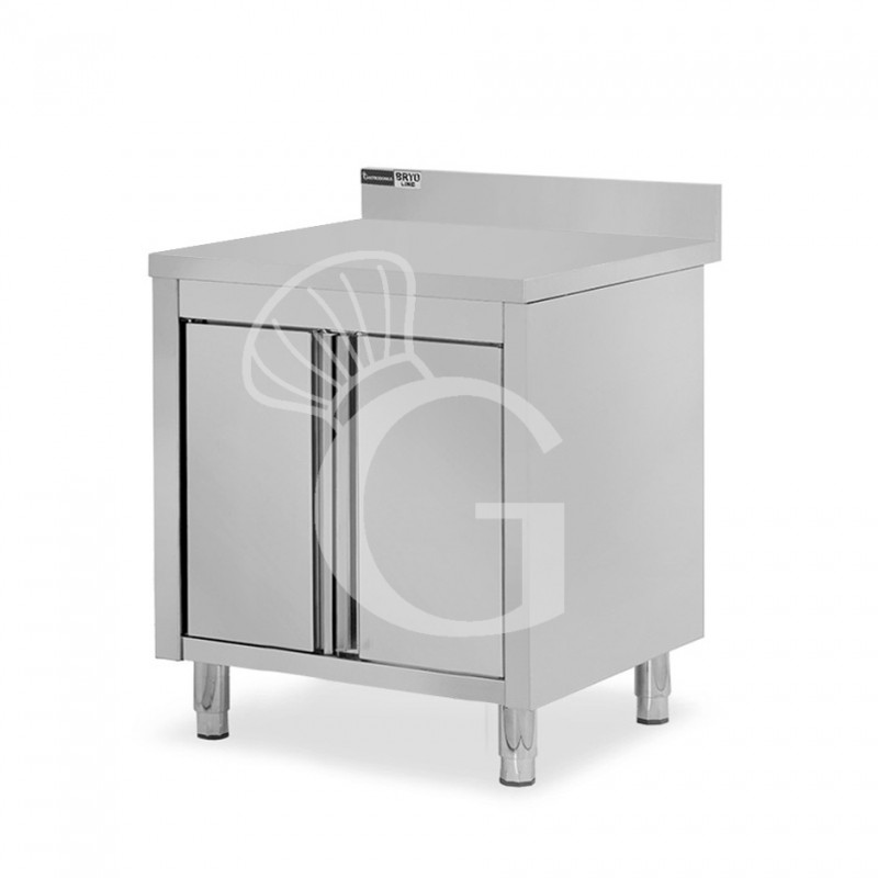 Mesa de acero inoxidable con 2 puertas batientes y peto  L 800 mm x P 600 mm x H 950 mm