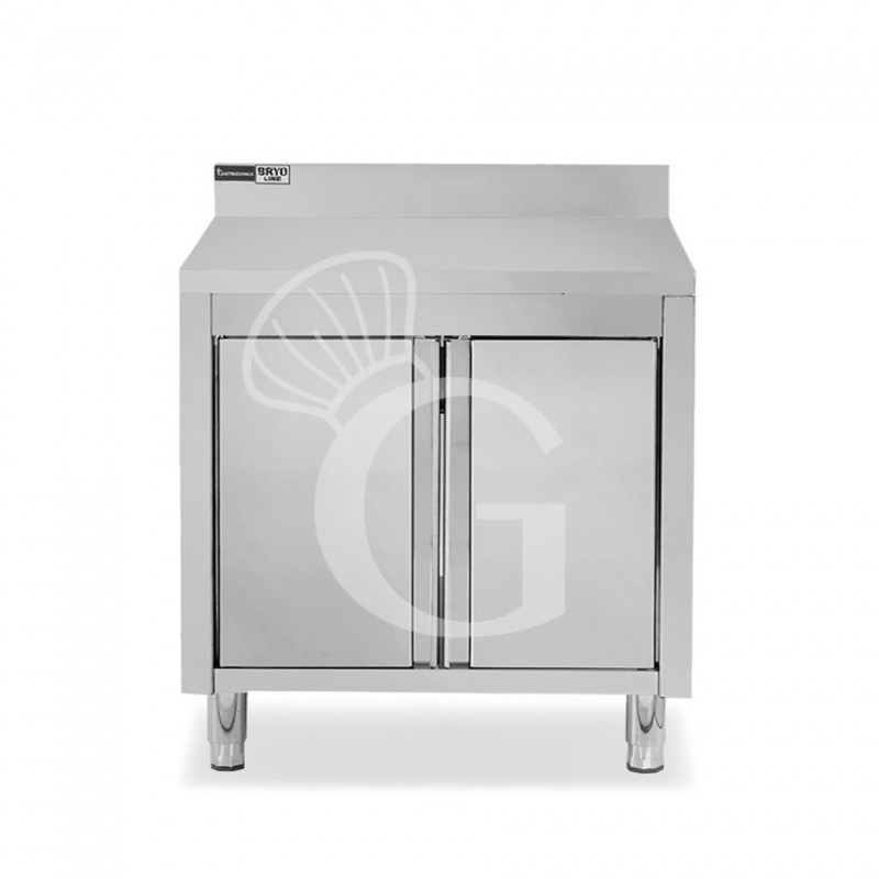 Mesa de acero inoxidable con 2 puertas batientes y peto  L 800 mm x P 600 mm x H 950 mm