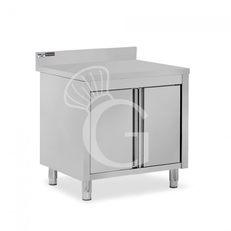 Mesa de acero inoxidable con 2 puertas batientes y peto  L 800 mm x P 600 mm x H 950 mm