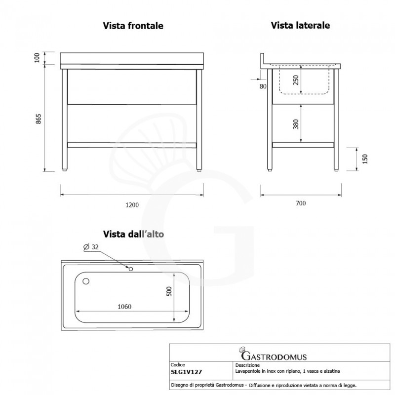 Fregadero de acero inoxidable con 1 estante, peto, 1 cuba L1200mmxP700mmxA965mm-con agujero para el grifo Ø 32 mm