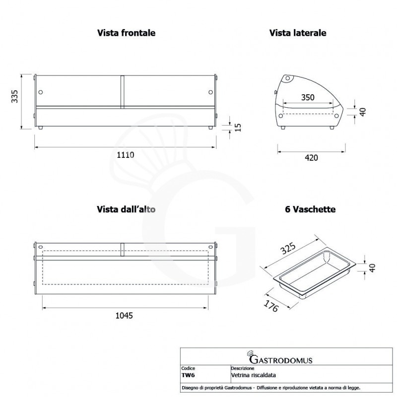 Vitrina caliente de acero inoxidable y vidrio 6 cubetas GN1/3 A 40 mm L 1127 mm x P 420 mm x A 336 mm