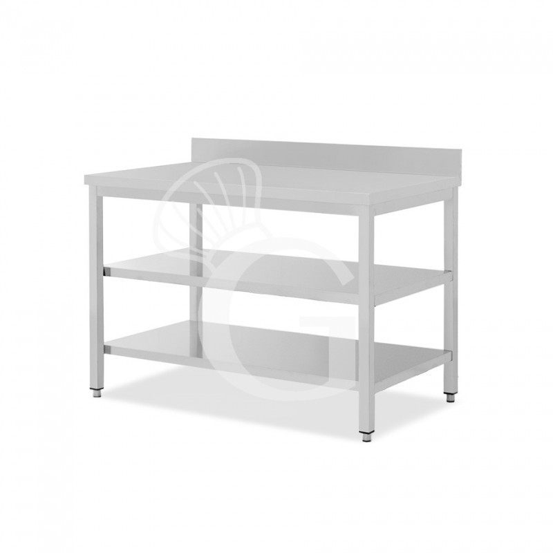 Mesa de acero inoxidable con 2 estantes y peto L 1400 mm x P 700 mm x A 950 mm