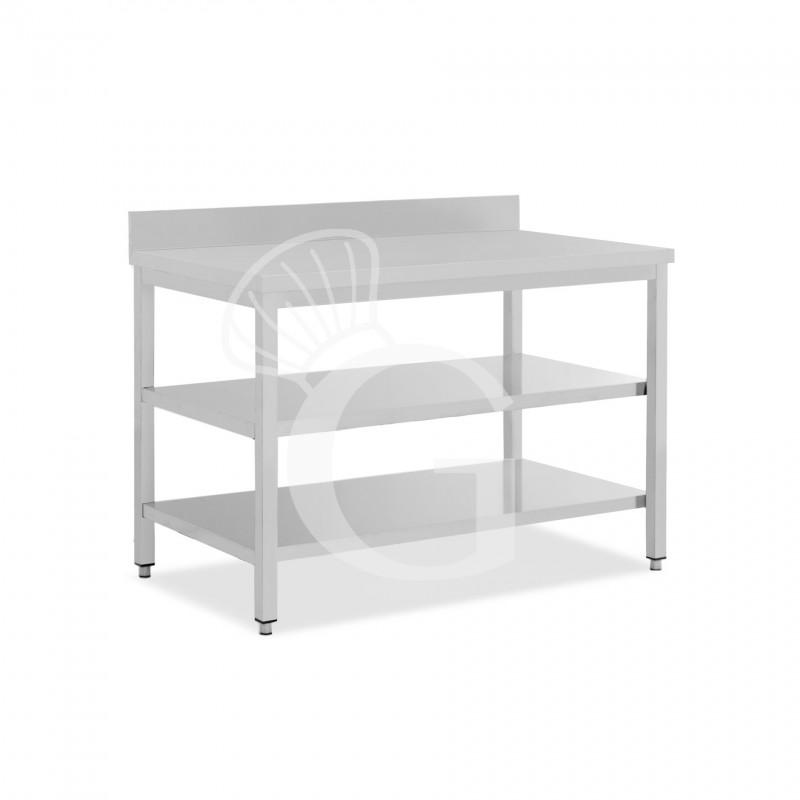 Mesa de acero inoxidable con 2 estantes y peto L 1400 mm x P 700 mm x A 950 mm