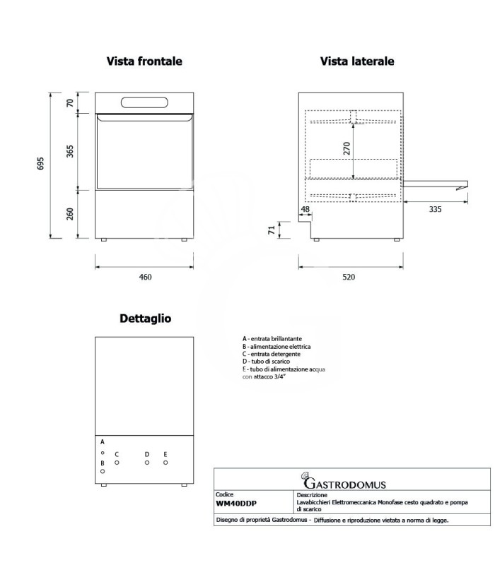 Lavavasos electromecánico monofásico cesta 400x400xA270mm, dosificador detergente/abrillantador,bomba de desagüe- doble pared