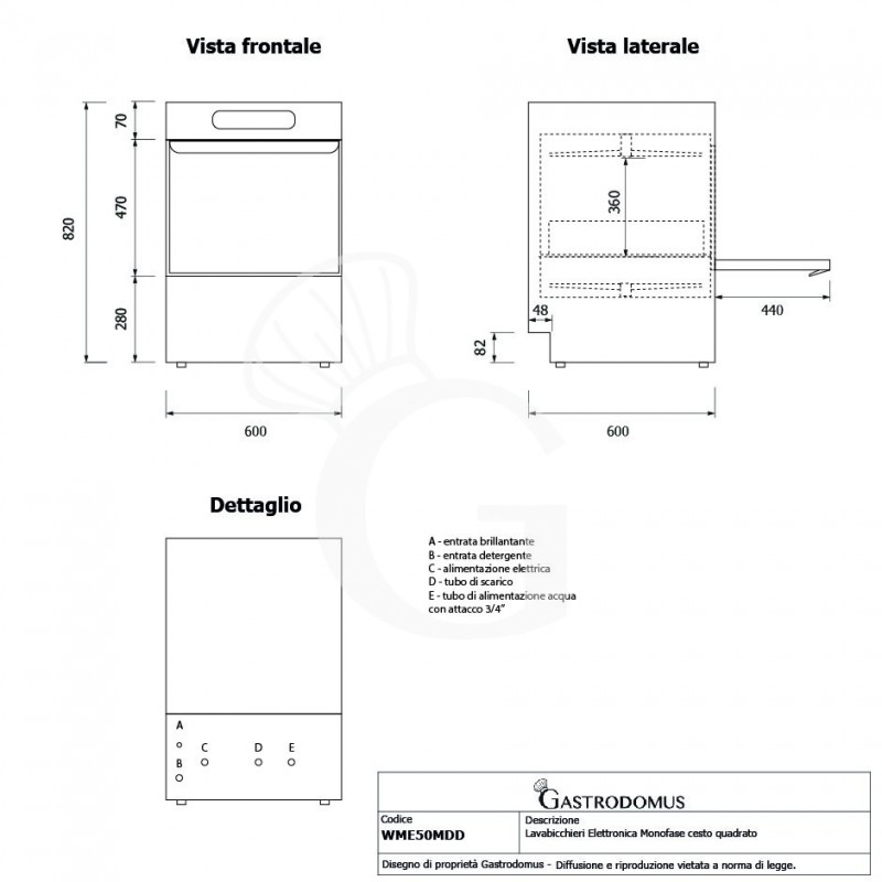 Lavavajillas electrónico monofásico cesta 500x500 A360mm dosificador de detergente/abrillantador-doble pared