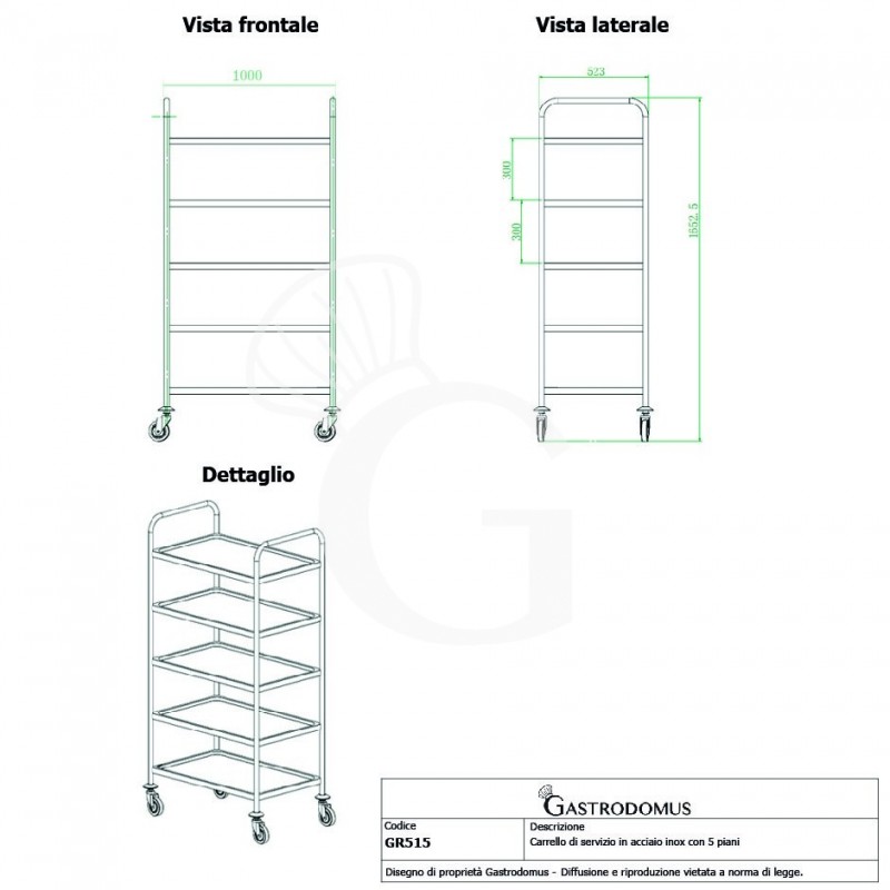 Carro de servicio de acero inoxidable con 5 estantes L 1000 mm x P 500 mm x A 1500 mm