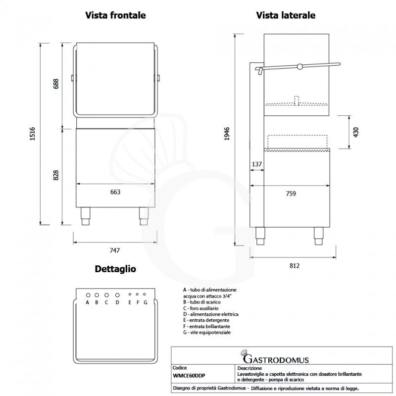Lavavajillas de cúpula electrónico, cesta 500x500xH430, dosificador de abrillantador/detergente instalados, bomba de desagüe