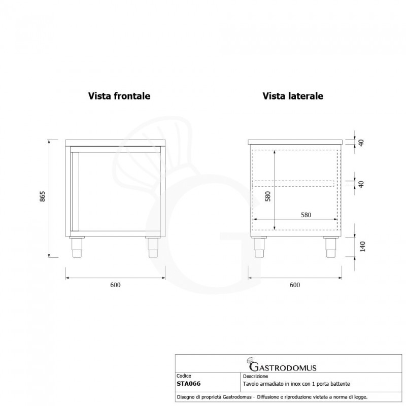 Mesa mural de acero inoxidable 1 puerta batiente L 600 mm x P 600 mm x A 850 mm