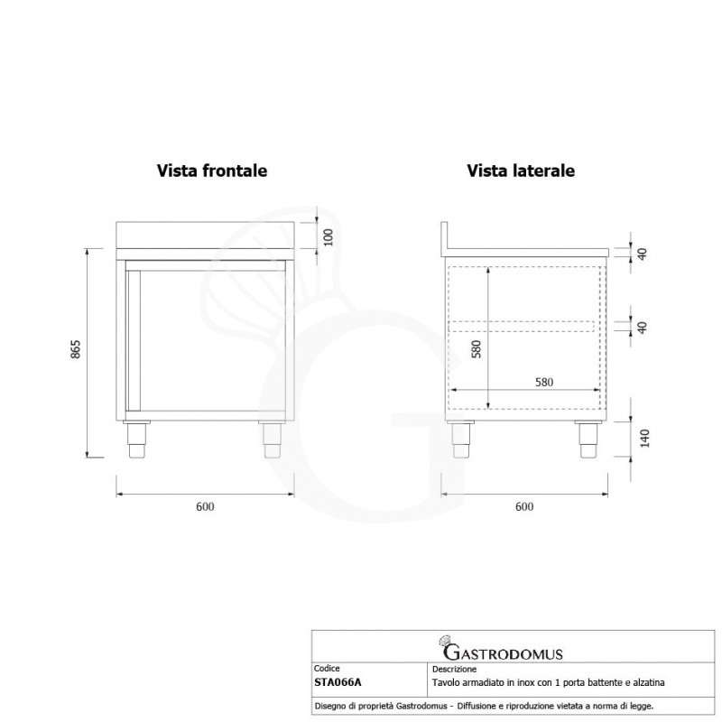 Mesa mural de acero inoxidable 1 puerta batiente y peto L 600 mm x P 600 mm x A 950 mm
