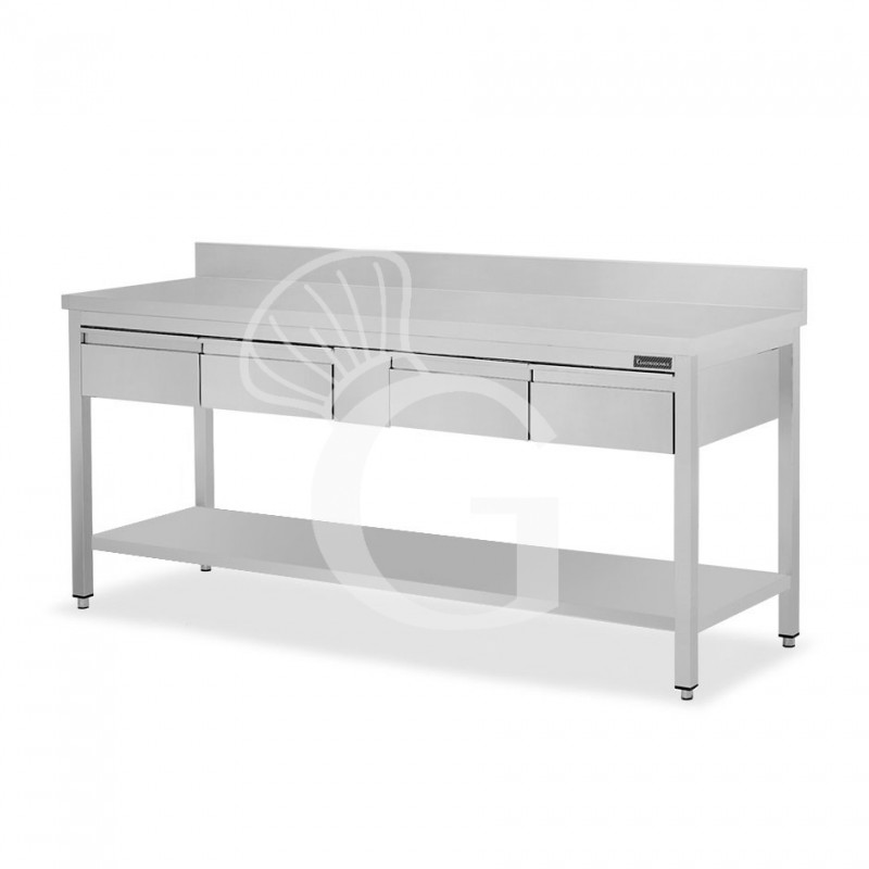 Mesa de acero inoxidable con estante peto 4 cajones L 1800 mm x P 700 mm x A 950 mm