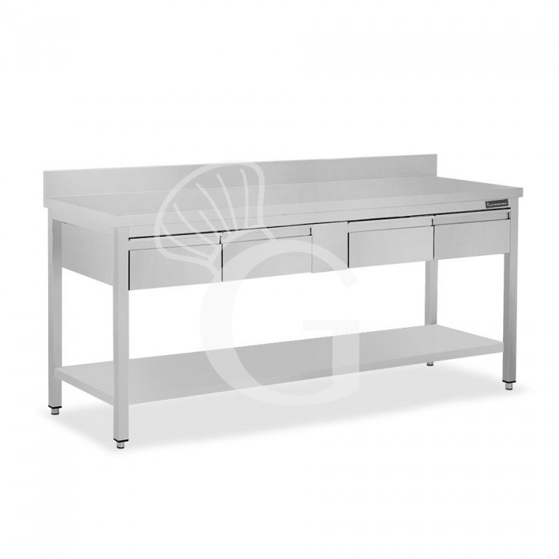 Mesa de acero inoxidable con estante peto 4 cajones L 1800 mm x P 700 mm x A 950 mm
