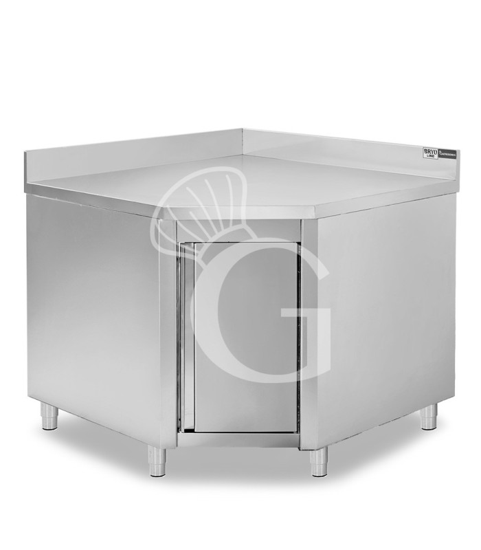 Mesa armario esquinera de acero inoxidable con puerta batiente y peto trasero 1000x1000 mm – Profundidad 700 mm