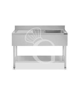 Fregadero inox con 1 cubeta y escurridor a la izquierda, estante y peto L 1500 mm x P 700 mm x A 950 mm