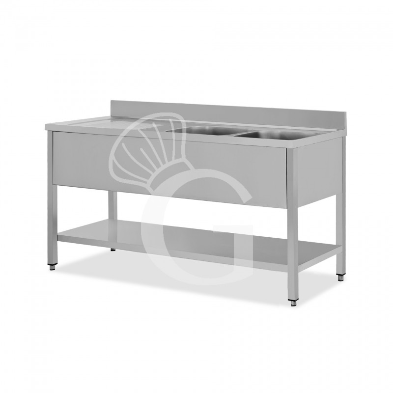 Fregadero inox 2 cubetas y escurridor a la izquierda, estante y peto L 1600 mm x P 600 mm x A 950 mm