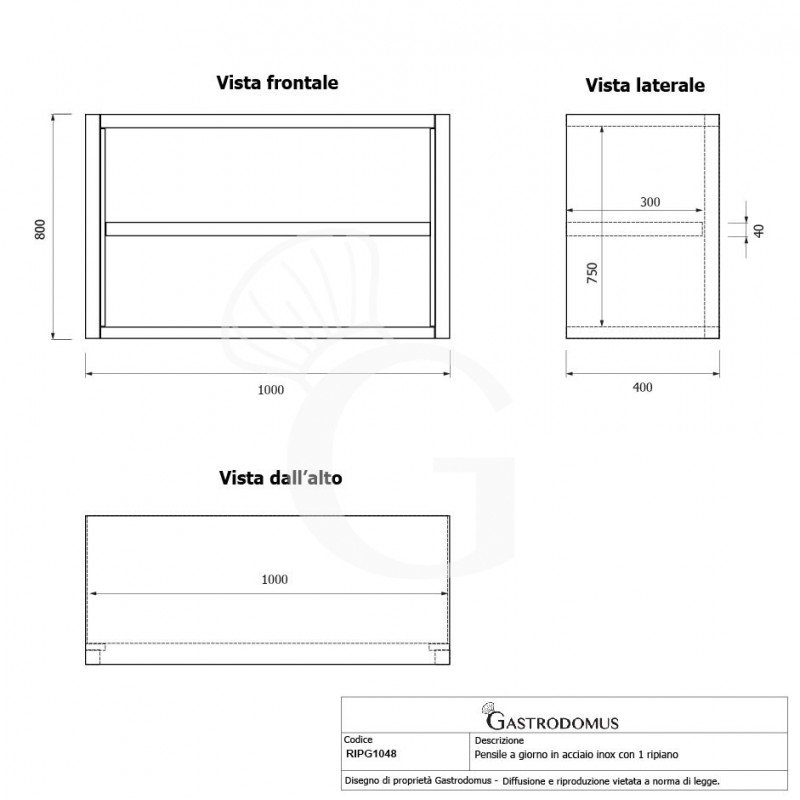Armario de pared inox con 1 estante, L 1000 mm x P 400 mm x A 800 mm
