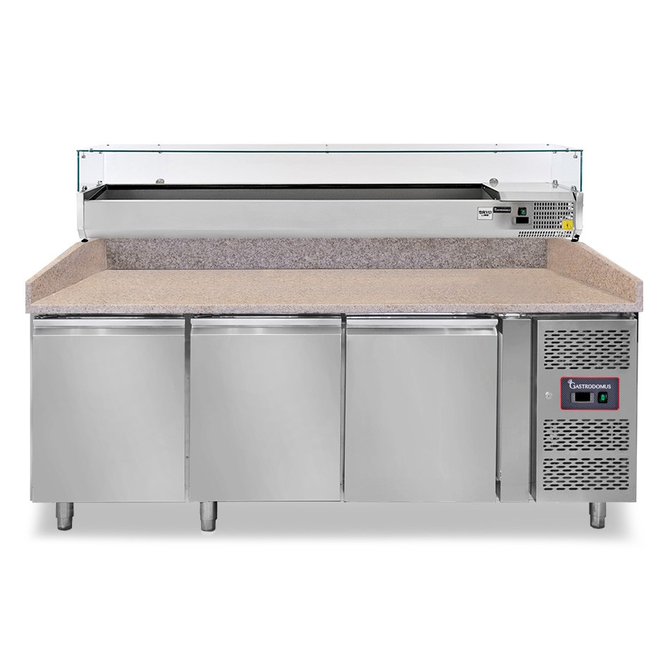 Mesa Refrigerada para pizza 600X400 3 Puertas Vitrina 10 Cubetas GN1/4 580 LT