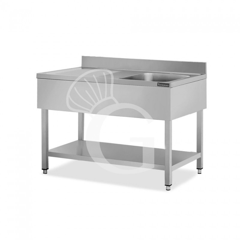 Fregadero inox 1 cubeta y escurridor a la izquierda, estante y peto L 1400 mm x P 600 mm x A 950 mm