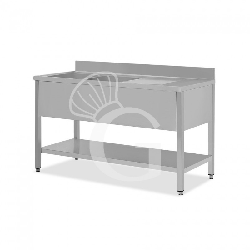 Fregadero inox con 2 cubetas y escurridor a la derecha, estante y peto L 1400 mm x P 600 mm x A 950 mm