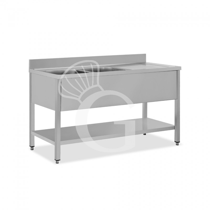 Fregadero inox con 2 cubetas y escurridor a la derecha, estante y peto L 1400 mm x P 600 mm x A 950 mm