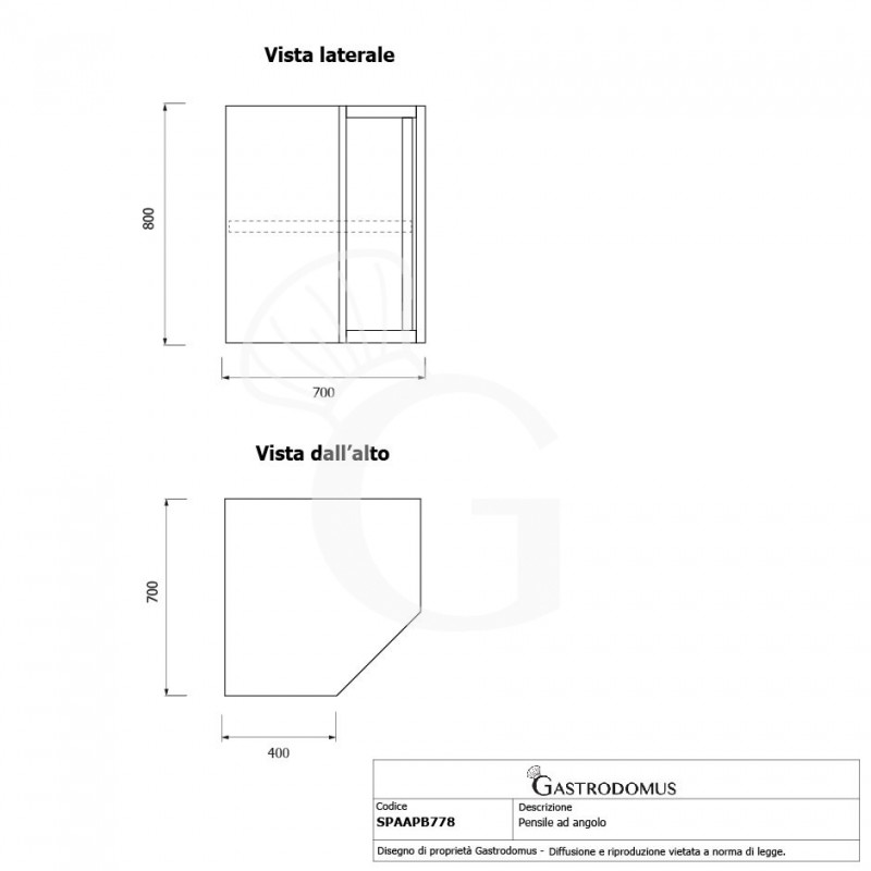 Armario de pared rinconero inox con 1 puerta batiente y 1 estante, L 700 mm x P 700 mm x A 800 mm