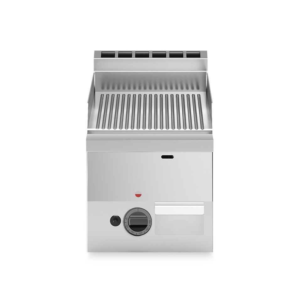 Fry top de gas de sobremesa una placa acanalada cromada 5200 W L 300 mm x P 600 mm x A 280 mm