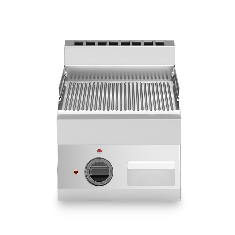 Fry Top eléctrico de sobremesa, placa acanalada cromada 4500 W Trifásico P 650 mm