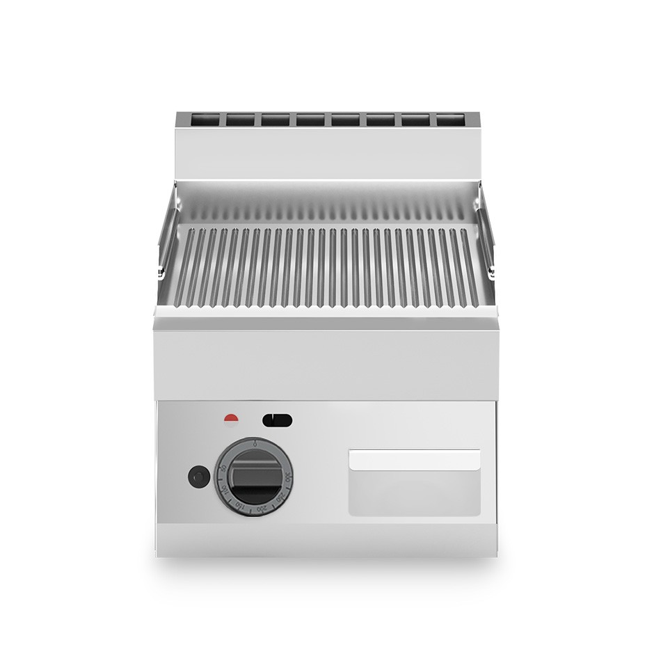 Fry top de gas de sobremesa, con una placa acanalada cromada 5700 W L 400 mm x P 650 mm x A 280 mm