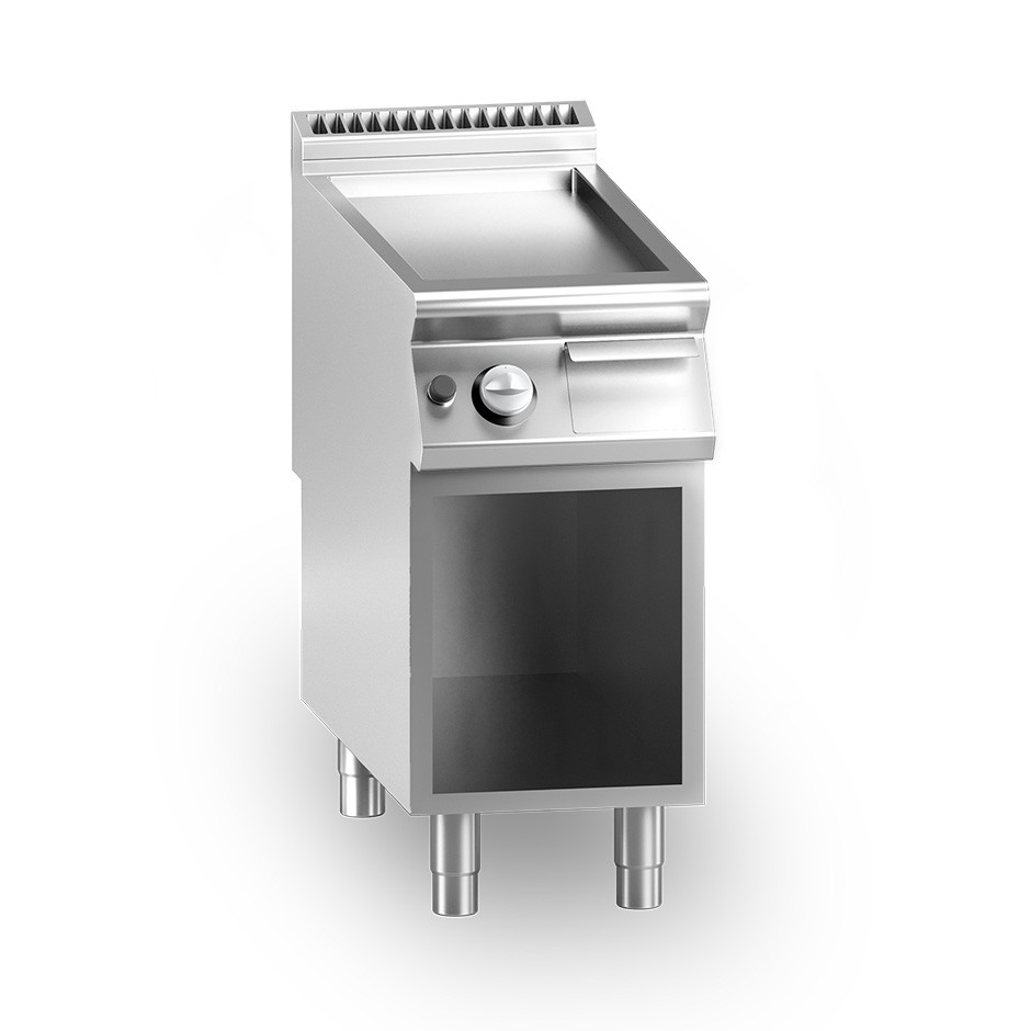 Fry top de gas sobre armario abierto, una placa lisa cromada 10500 W L 400 mm x P 900 mm x A 870 mm