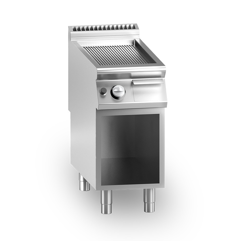 Fry Top de gas sobre mueble abierto, placa acanalada cromada 10500 W L 400 mm x P 900 mm x A 870 mm
