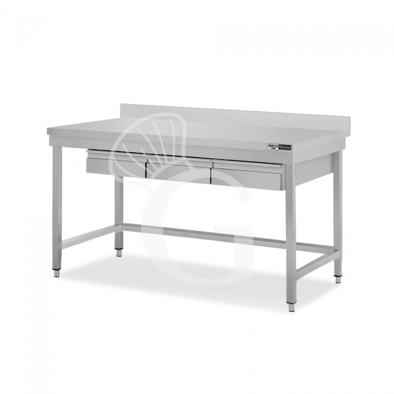 Mesa de trabajo de acero inoxidable con 3 cajones y peto trasero L 1500 mm x P 600 mm x A 965 mm