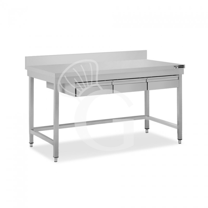Mesa de trabajo de acero inoxidable con 3 cajones y peto trasero L 1500 mm x P 600 mm x A 965 mm