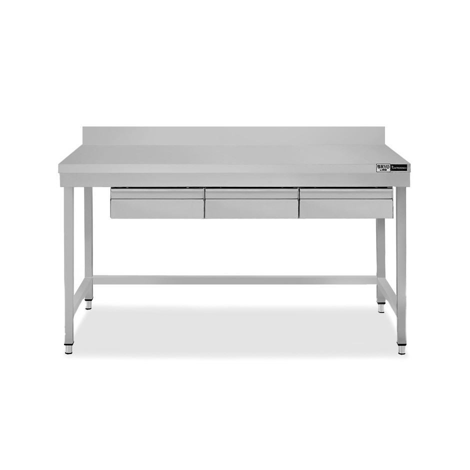 Mesa de trabajo de acero inoxidable con 3 cajones y peto trasero L 1500 mm x P 600 mm x A 965 mm