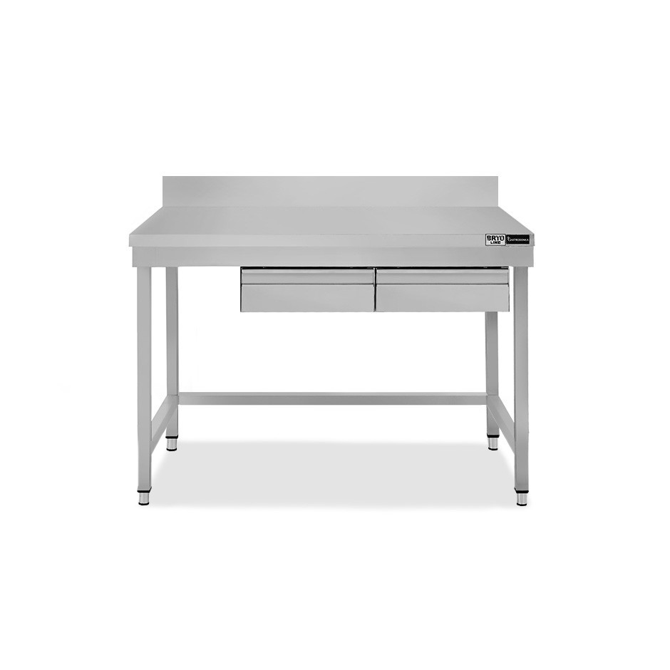 Mesa de acero inoxidable con 2 cajones y peto L 1300 mm x P 800 mm x A 965 mm