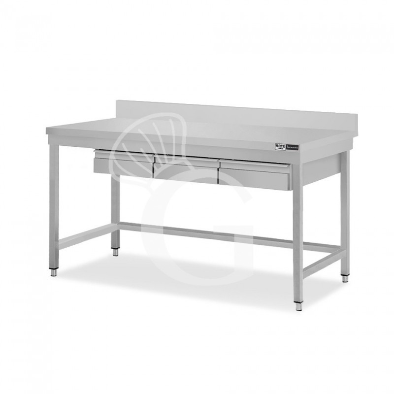 Mesa de acero inoxidable con 3 cajones y peto L 1700 mm x P 800 mm x A 965 mm