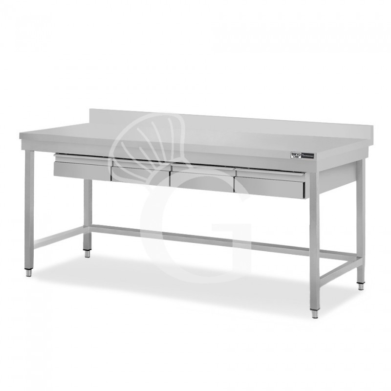 Mesa de acero inoxidable con 4 cajones y peto trasero, L 1800 mm x P 800 mm x H 965 mm